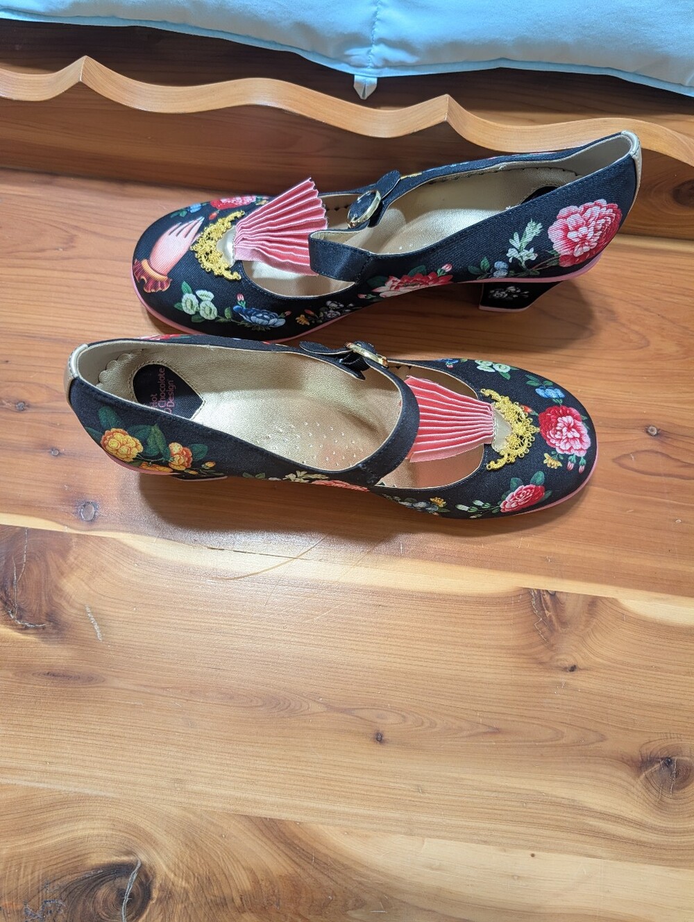 Hot Chocolate Design Black Floral Mary Jane Heels with Pink Tassel Accent - Picture 4 of 6